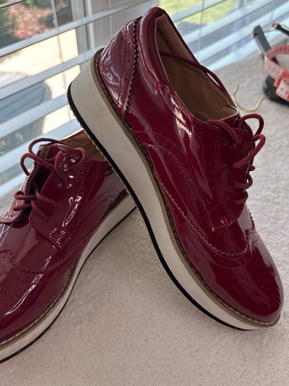 Patent Leather Platform Wingtip Loafers in Deep Red